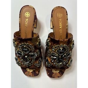 Tory Burch Embellished Block Heel Sandals Brocade Burgundy Gold Sz 5.5